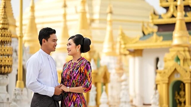 Burmese couple in traditional attire smiles warmly at a sacred pagoda setting