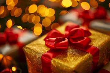 A gold box with a red bow on top. Christmas, New Year, Cyber Monday, sale, purchase, black friday