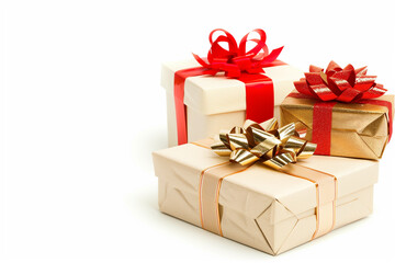 Fototapeta premium Three boxes of gifts with red bows on top. Christmas, New Year, Cyber Monday, sale, purchase, black friday