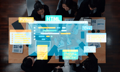 A group of professionals collaborates in an office setting, engaging with programming concepts and data visualization to enhance project outcomes and innovation. Trope