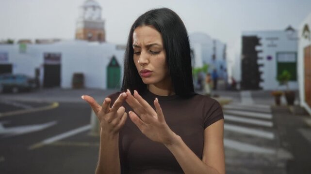 Woman counting fingers in urban street setting with hispanic heritage featuring cityscape, expressing emotion and casually dressed outdoors in sunny weather.
