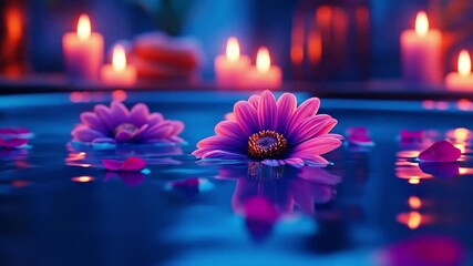 Serene evening spa ambiance with floating flowers and candlelight reflections. The 14th of February. Happy Valentine's Day
