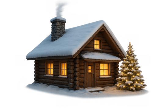 Cozy snowy log cabin preparing for holidays with warm glowing windows and a festive christmas tree