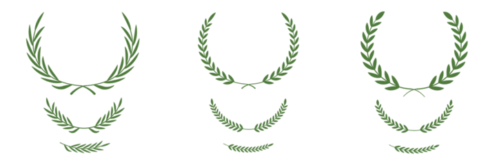 Laurel wreath symbol in green leaves vector illustration for victory and honor design elements. Floral wreath collection. Laurel wreath vector icon set. Classic Greek and Roman awards for champions.