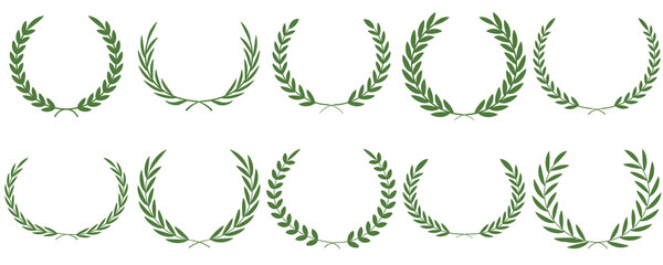 Laurel wreath symbol in green leaves vector illustration for victory and honor design elements. Collection of green olive branches symbolizing victory, peace, and honor. Laurel wreath vector icon set.