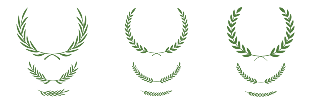 Laurel wreath symbol in green leaves vector illustration for victory and honor design elements. Floral wreath collection. Laurel wreath vector icon set. Classic Greek and Roman awards for champions.