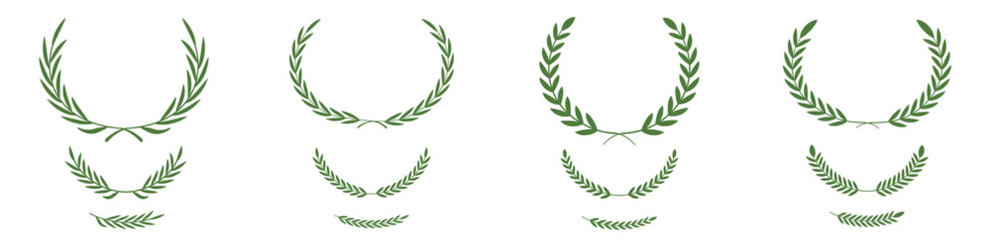 Laurel wreath vector icon set. Laurel wreath symbol in green leaves vector illustration for victory and honor design elements. Tree branch wreath. Decorative logo element. Floral wreath collection.