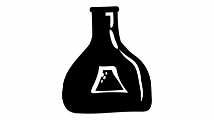 Black silhouette of a flask with triangular label and dots inside it on a white background image