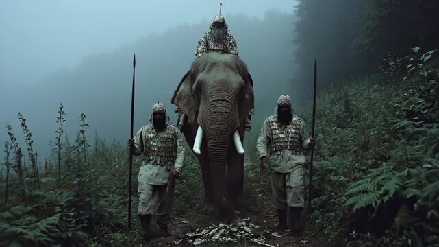Three men with ancient armor and spears walk with an elephant through a misty forest on a narrow path medieval reenactment footage.