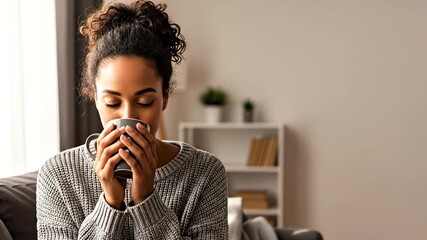 African woman enjoys peaceful morning coffee at home, natural light, relaxed vibe