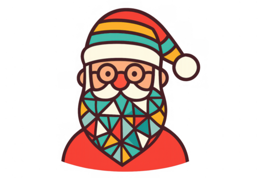 Santa claus head illustration featuring contemporary geometric beard design and colorful striped hat. Christmas holiday character