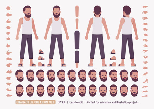 Middle aged man in home casual relaxed wear DIY character creation set, bearded guy sleeveless wifebeater undershirt body figure parts. Head, leg, hand gestures construction kit. Vector illustration