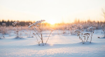 Winter field with snow-covered plants glowing in sunrise light  