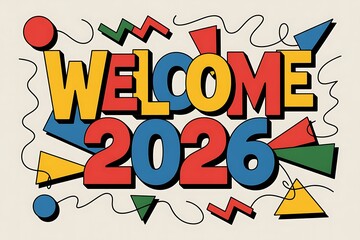 Fototapeta premium A colorful retro design of the word Welcome followed by 2026 year