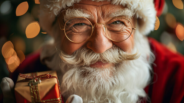 A man in a Santa hat is holding a red box. Christmas, New Year, Cyber Monday, sale, purchase, black friday