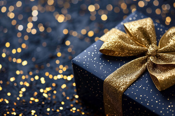 A black box with gold ribbon on top. Christmas, New Year, Cyber Monday, sale, purchase, black friday