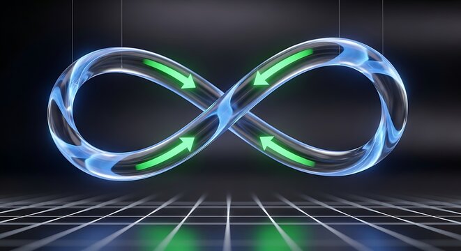 A transparent infinity symbol with green arrows suspended above a grid surface in a dark environment