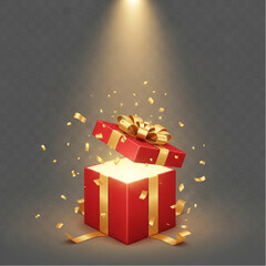An opened gift box with a radiant glow and golden confetti spilling forth, symbolizing the excitement and anticipation of surprises and special moments.  vector illustration