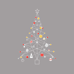 Thread art Christmas tree with decorations on gray background for DIY decoration concept