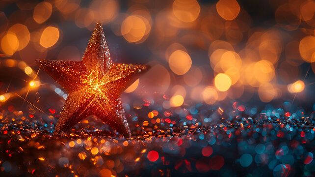 A red star is on a blue and purple background. Christmas, New Year, Cyber Monday, sale, purchase, black friday