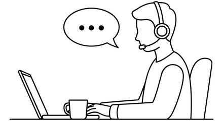 Remote work illustration in black and white showing person with headset at desk using laptop and coffee mug with speech bubble