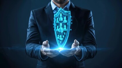 Professional man holding a glowing digital shield symbolizing comprehensive client protection and secure future assurance for global community network connectivity. - Powered by Adobe