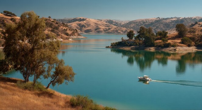 Serene Cachuma Lake: California's Scenic Waters with Leisure Boats - Powered by Adobe