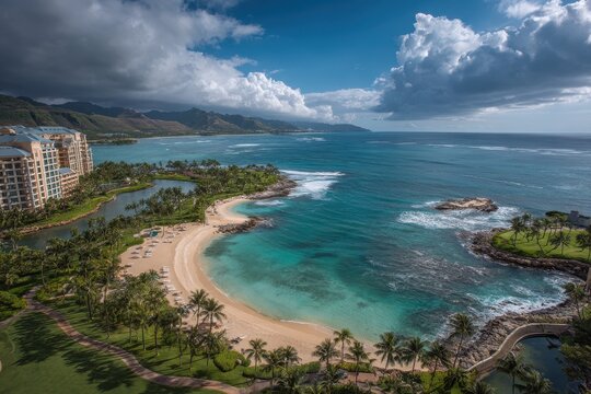 Tranquil Vista of Ko Olina Beach and Kohola Lagoon, Oahu: A Luxurious Oceanfront Oasis for the Perfect Island Vacation