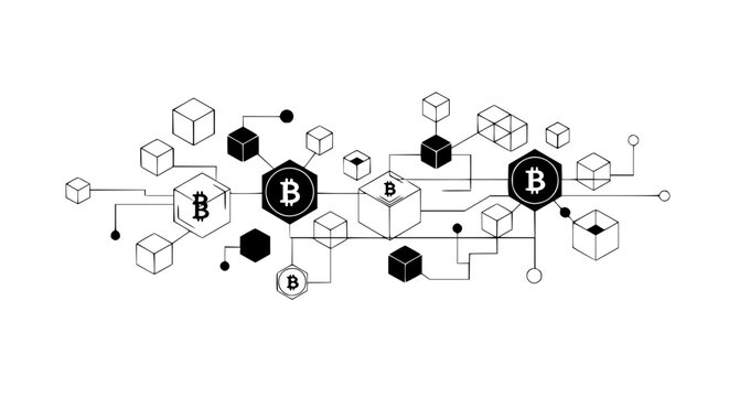 Abstract vector of blockchain connections with Bitcoin icons, geometric black and white design