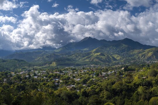 Breathtaking Jarabacoa Landscape: Majestic Mountains Under a Cloudy Sky in a Summer Panorama