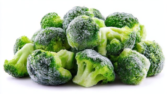Isolated Frozen Broccoli Florets on White Background - Fresh Vegetable Texture for Dietary Cooking