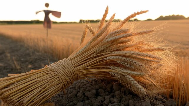 A wheat bundle lies in a field before a scarecrow, bathed in golden sunlight