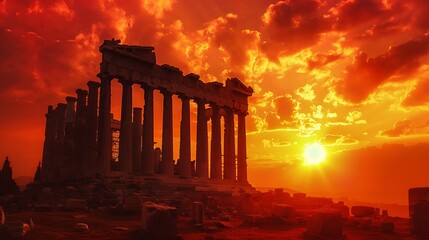 Golden sunset illuminating magnificent ancient architectural remains, highlighting their enduring grandeur against a radiant sky