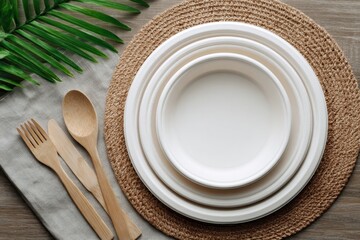 Eco-Conscious Dining: White Compostable Plates, Bowls, and Cutlery Arranged on a Place Mat