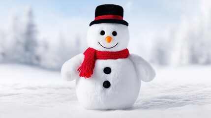 Snowman plush toy with soft fabric texture and cozy winter scarf, cute Christmas decoration isolated on white background.