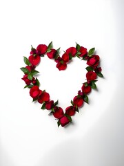Minimalistic layout of red roses and green leaves creating a heart shape on a white studio background romantic floral Valentine concept