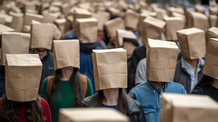 Conformity and Anonymity: Crowd of People with Brown Paper Bags Over Their Heads