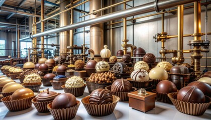 Assorted Chocolate Candies on Fantasy Factory Background with Metal Pipes – 3D Digital Art
