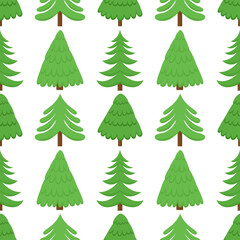 Chrisrtmas tree flat vector seamless pattern. Pines and fir trees pattern on white background