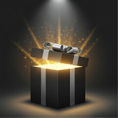 An enchanting gift box, with a silver ribbon, radiates a captivating glow, set against a dark backdrop and a spotlight. vector illustration