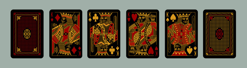 Fototapeta premium Playing Poker cards set. Four Kings suits of Hearts, Spades, Clubs, Diamonds. Face and back side. Dark Black design. Printable vector gambling cards isolated on background. 