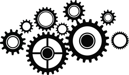 Gear cogwheel mechanism, engineering technology process and teamwork system vector illustration icon silhouette. 