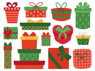 Christmas Gift boxes with ribbon bow vector set. Kinds of Christmas gift boxes flat set