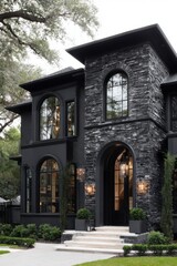 Naklejka premium Modern black stone house with elegant architecture and lush greenery in a peaceful suburban neighborhood during the afternoon
