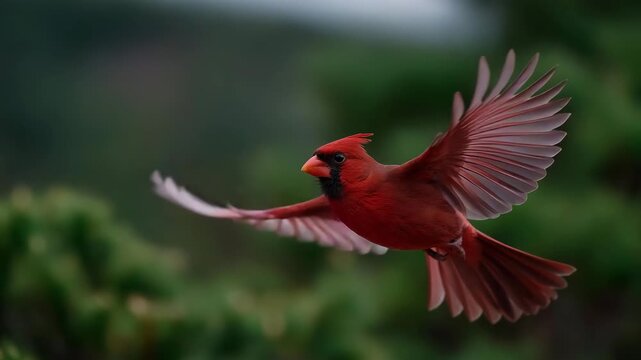 Red cardinal bird flying above ancient monastery ruins during early morning mist, symbolizing continuity of faith, timeless endurance, and the intersection of history and divinity.  cinematic color