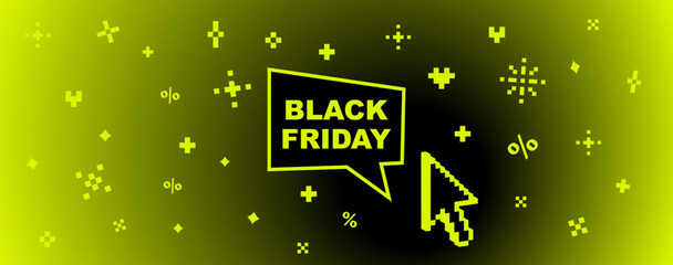Pixel clicking cursor on speech bubble with Black Friday text and simple pattern of spark, stars and hearts. Y2k promotion sale vector illustration for banner, cover design with nostalgic digital vibe