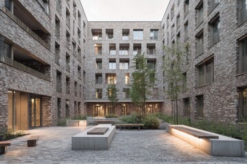 A contemporary residential courtyard featuring elegant brick buildings, beautifully complemented by lush greenery bathed in the warm glow of evening light