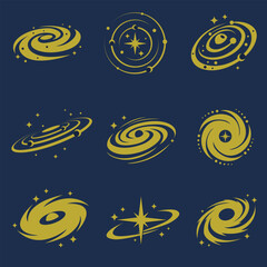 collection of golden space galaxy icon isolated on blue background