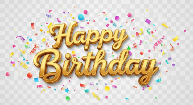 An elegant gold lettering Happy Birthday floats amid a shower of vibrant confetti and streamers, the scene creating a sense of festive delight and joyous occasion. vector illustration