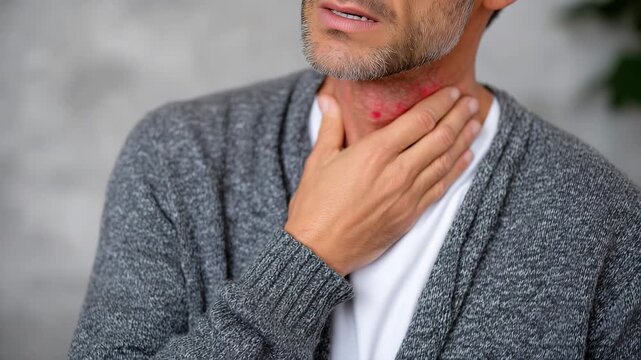 98Close-up of man with pained expression, hand gently touching throat, subtle redness in neck area, conveying discomfort from sore throat or laryngitis, neutral background
